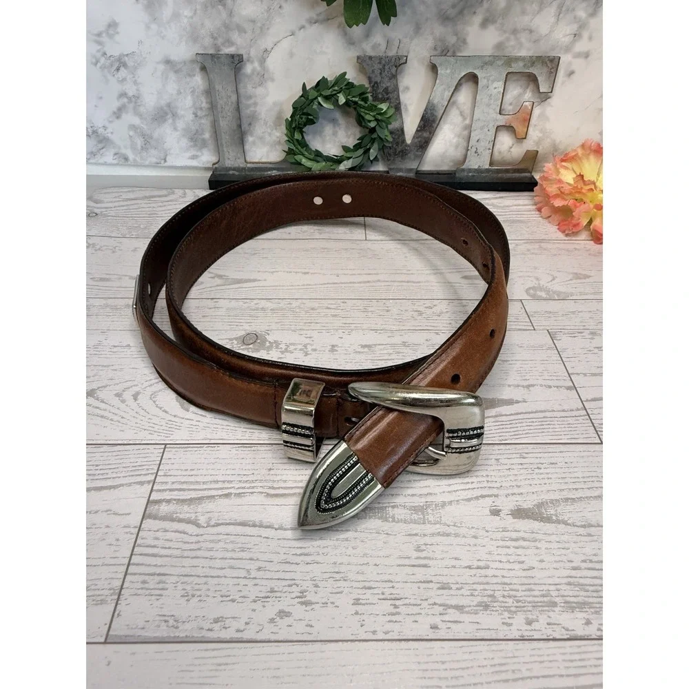 Vintage Brown Silver Tone Buckle Mens Belt Top Grain Leather Size 42 Fits to 44
